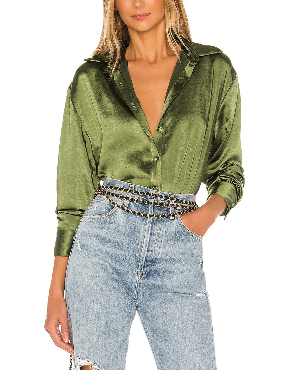Lovers And Friends Satin Olive Green Salina Blouse Size S